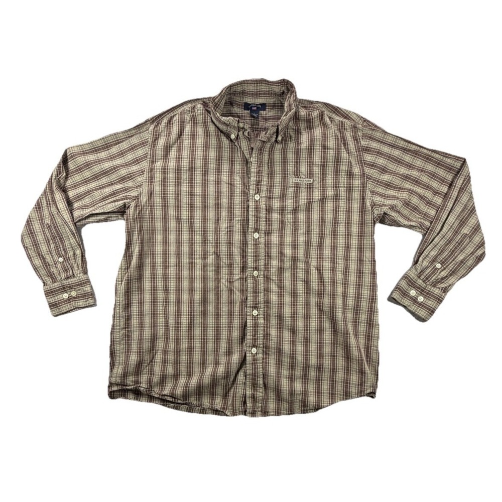 Ralph Lauren Brown Beige Plaid Button Down Shirt Men's Large Cotton Embroidered